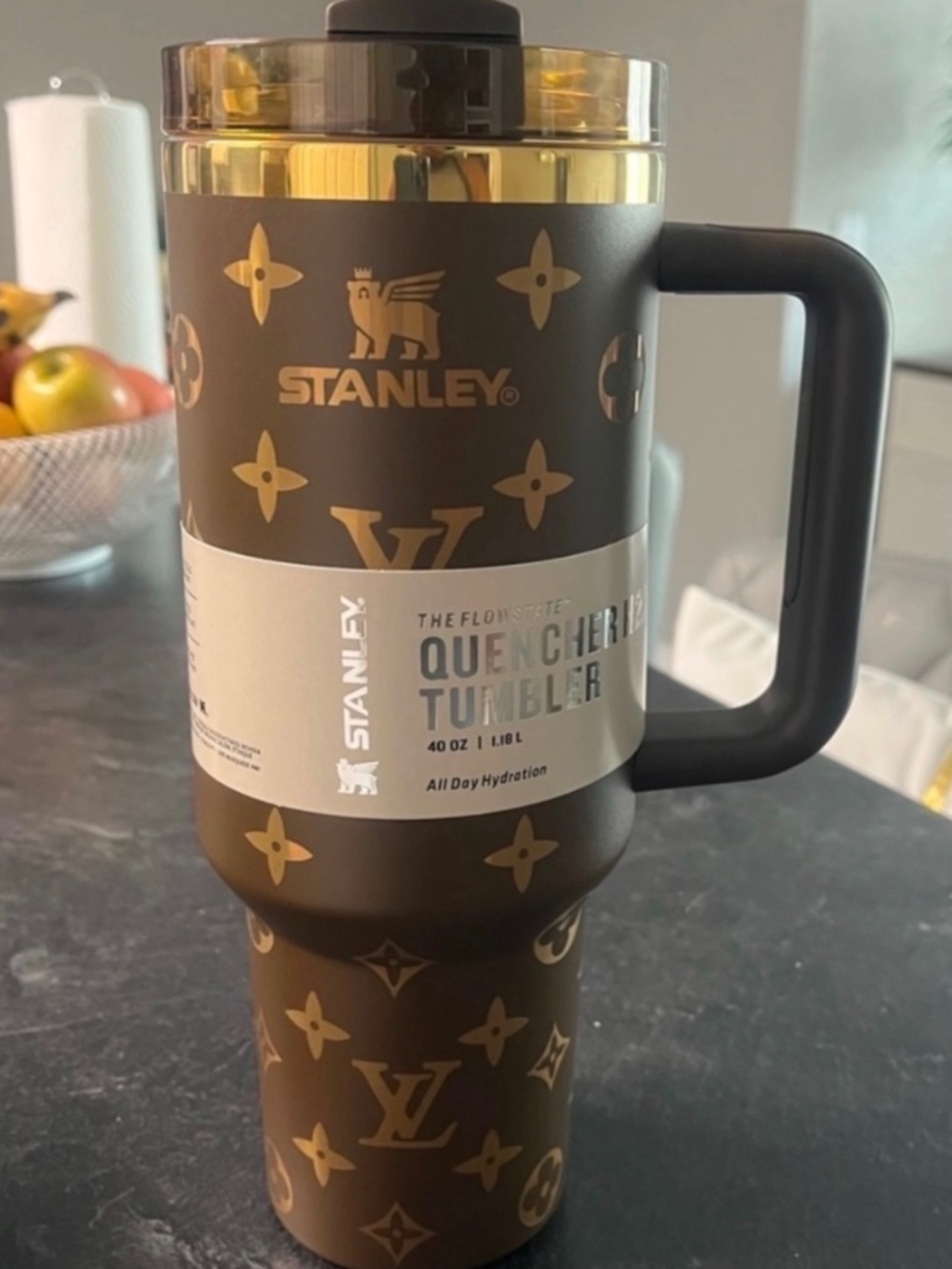 Stanley Chocolate Brown Gold Accent Patterned 40 OZ Quencher Tumbler NEW IN BOX